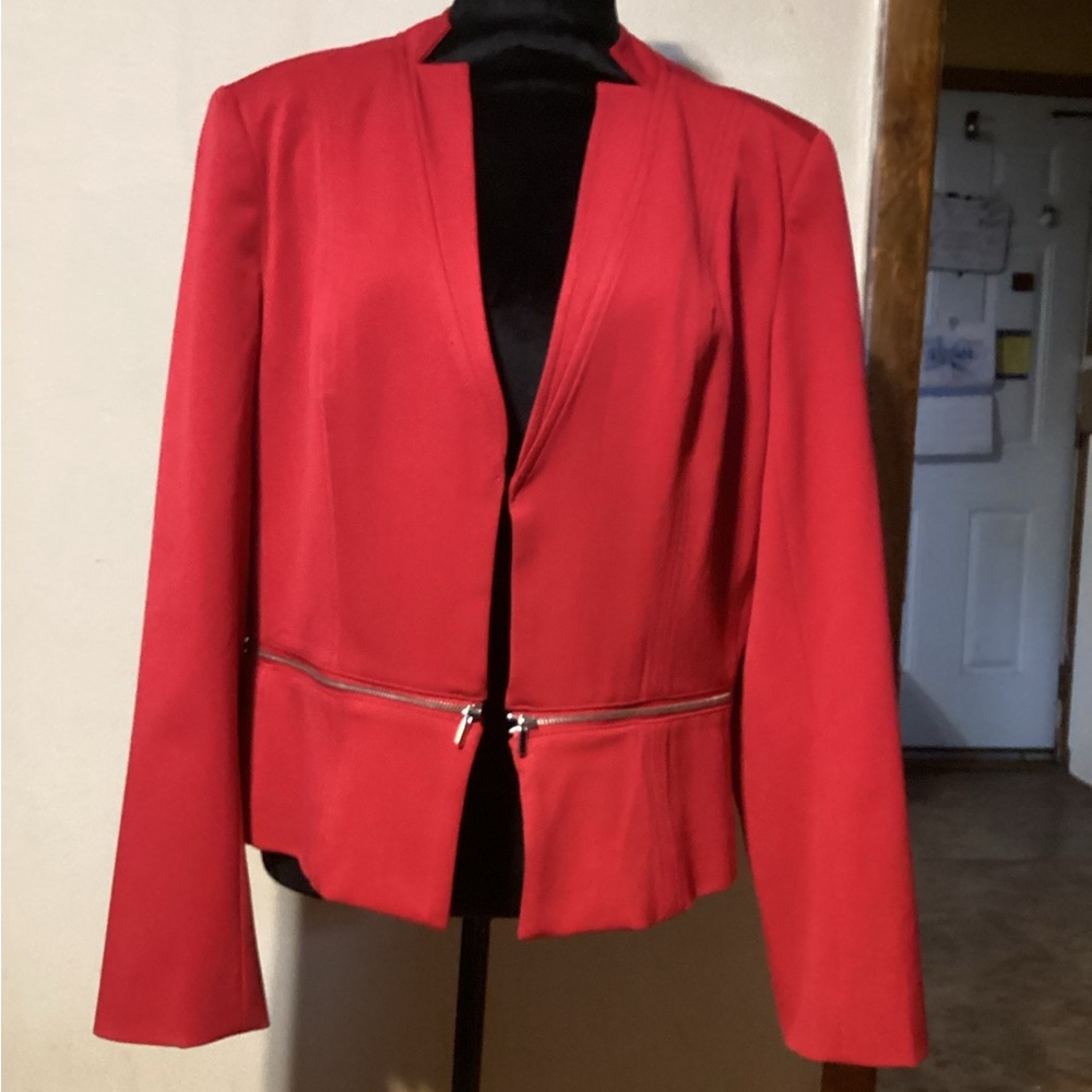 Red Women's Open-Front Zip Removable Hem Blazer Jacket by 7th Ave Design size 14